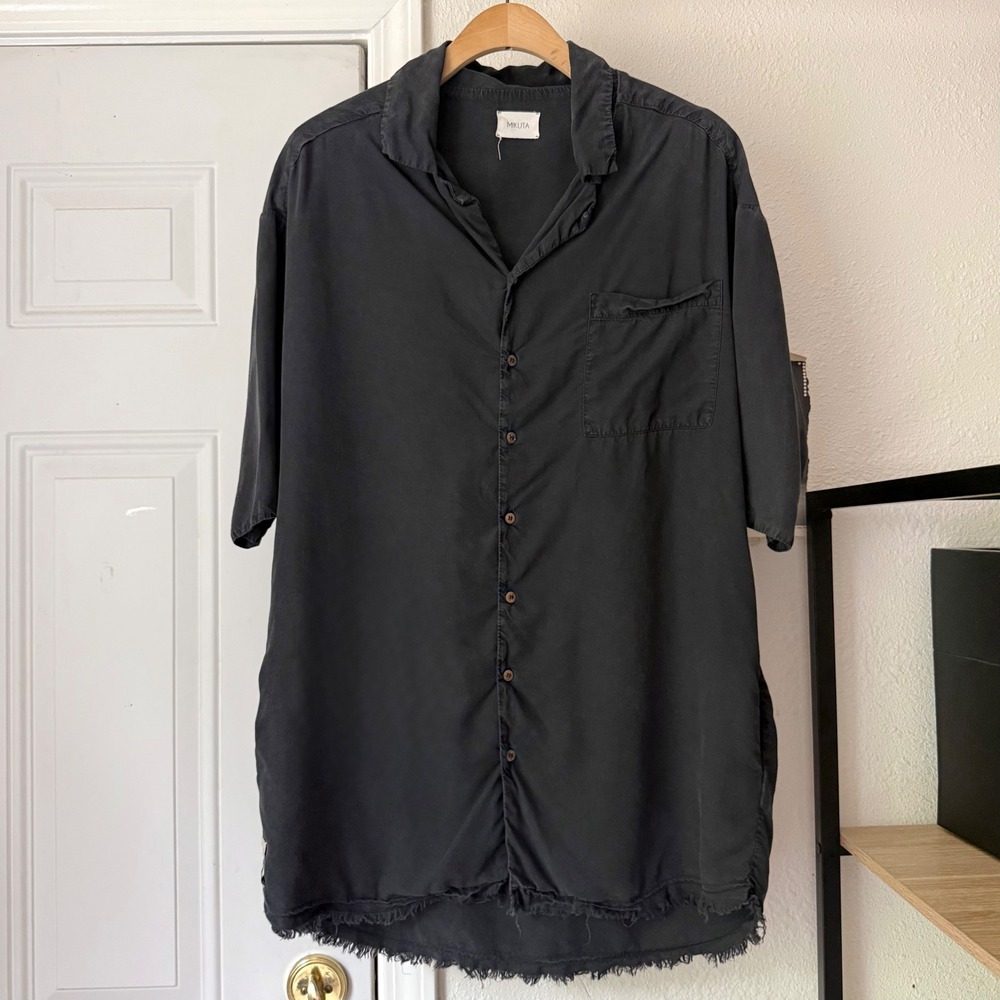 MIKUTA black lyocell fray hem short sleeve button up mini shirt dress